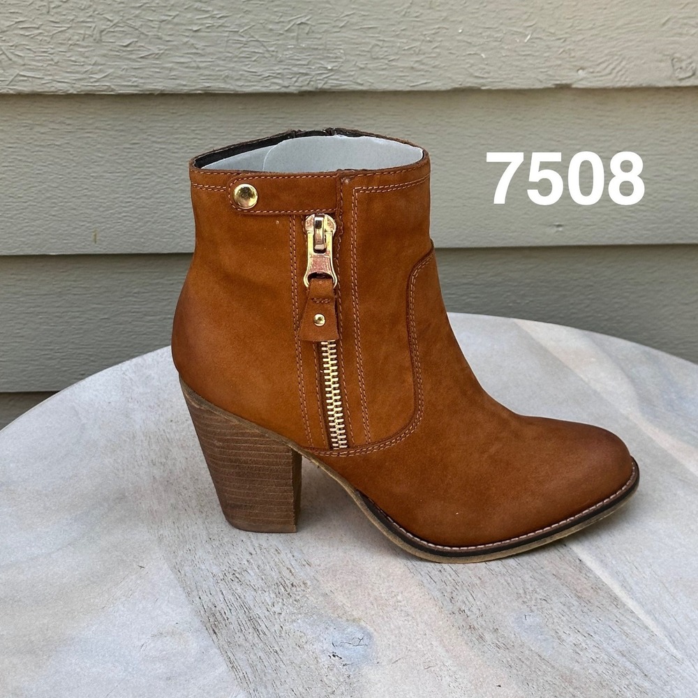 Aldo Olenalla Cognac Brown Leather Ankle Boots Block Heel Gold Zip Women 8.5 39